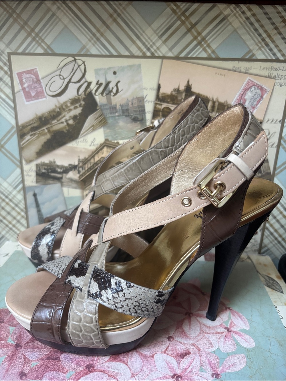 Michael Kors Niki cross-strap platform stiletto sandals in a bone and brown